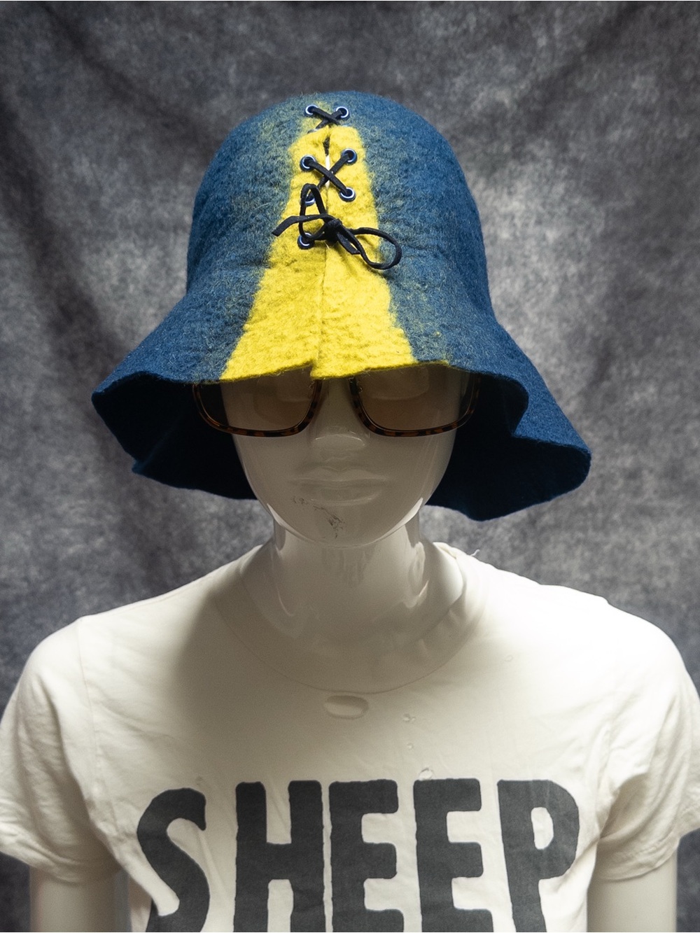 Vtg 2000s hand felted bucket hat, blue and yellow, Miss Fitt & Co, Size M